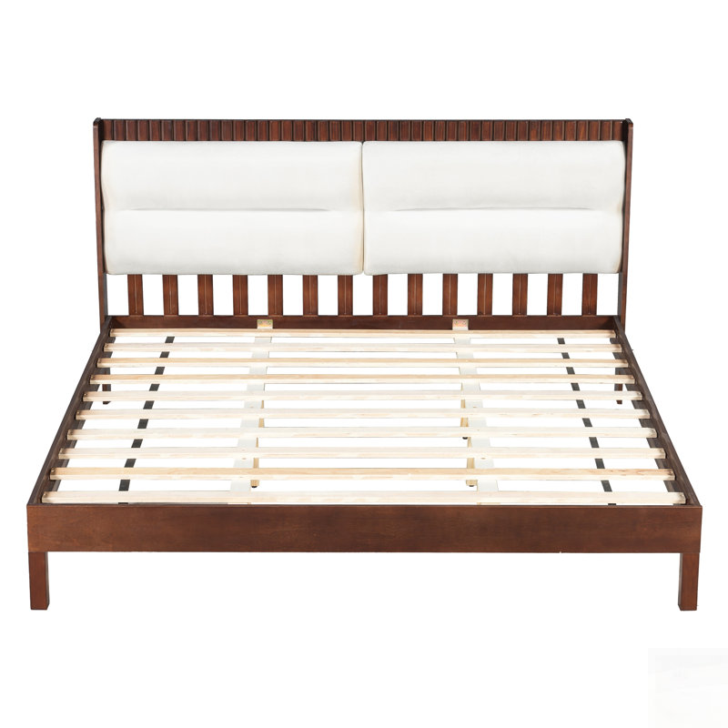Structure de lit plateforme en bois massif avec tête de lit tapissier en velours, espresso, aucun sommier tapissier requis