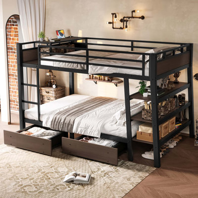 Full Size Metal Bunk Bed With Storage Shelves , LED Light Strip, And USB Power Strip