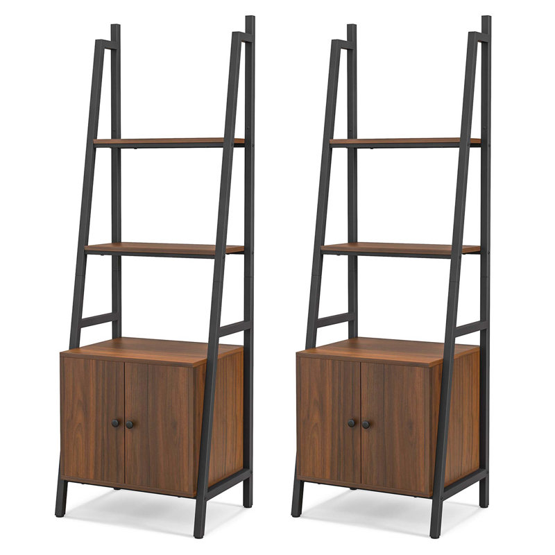 17 Stories 2 Pcs Ladder Shelf Industrial Bookcase With Cabinet Metal Frame For Living Room
