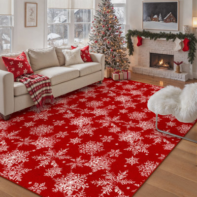 Tapis de Noël lavable Chamora avec motif classique rouge et flocon de neige