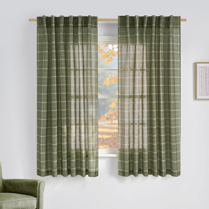 Rustic Grid Pattern Linen Light Filtering Plaid Curtains for Living Room Dining Room, Farmhouse Rod Pocket Back Tab Semi Sheer Window Curtains, 1 Pair