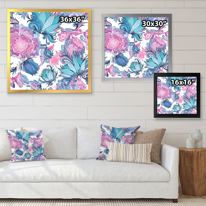 Fleurs romantiques élégantes en rose et bleu - Impression sur toile, Cadre photo blanc, H 36 po x l 36 po