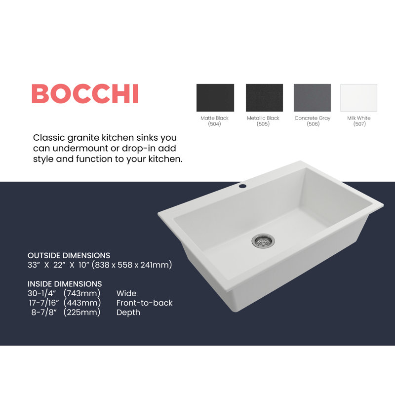 Campino Single Basin Kitchen Sink, 9.5" H x 22" W x 33" L