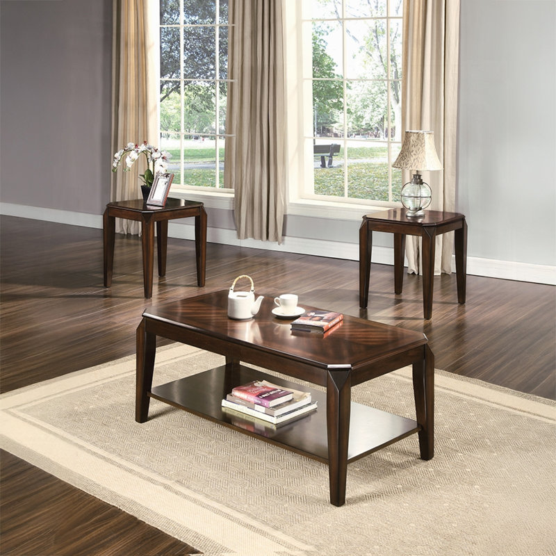 Eckman Transitional 3-Piece Coffee Table Set with Parquet Pattern Design in Walnut