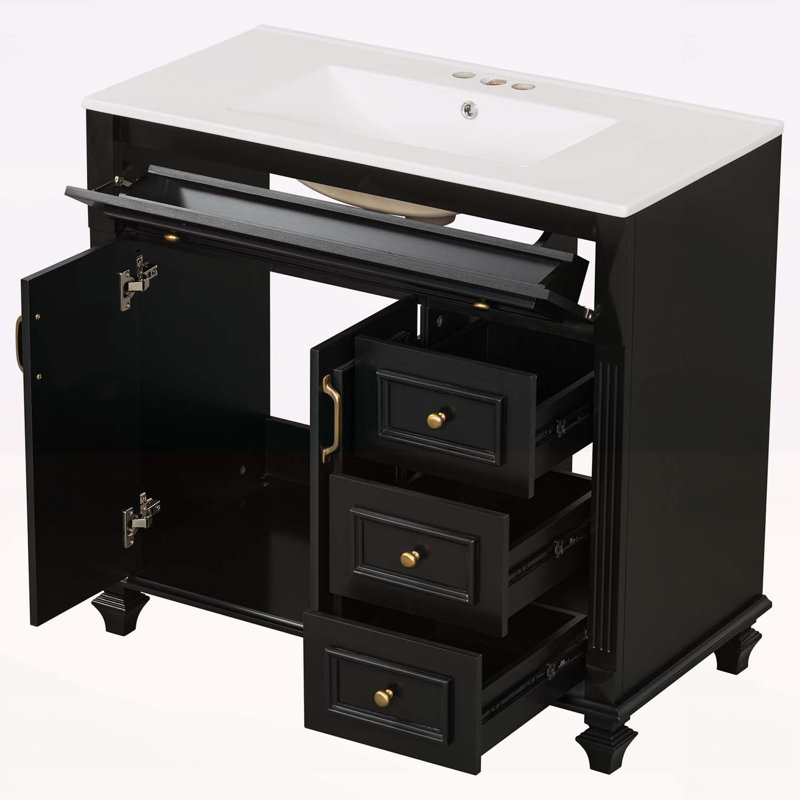 Meuble-lavabo luxueux avec lavabo intégré et grand espace de rangement, Noir, Doré