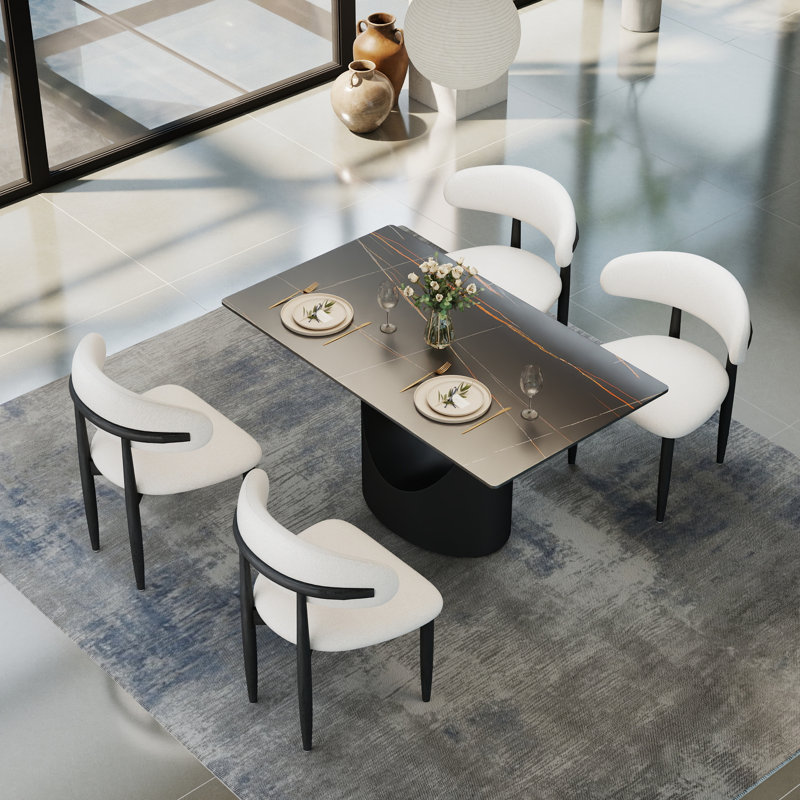 Fairy 5-Piece Modern Rectangular Sintered Stone Dining Table Set With 4 Solid Wood Chairs, Lauren Blackgold