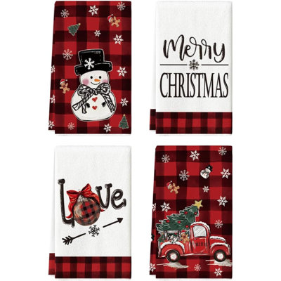 Buffalo Plaid Truck Snowman Christmas Kitchen Towels Dish Towels, Farmhouse Holiday Winter Decoration Cleaning Set Of 4