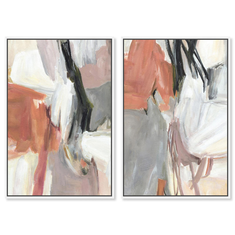 Ensemble d'art abstrait diptyque « Chaleur Corail » sur toile, par Art Remedy, cadre blanc, 36 x 54, H 55 po x l 37 po