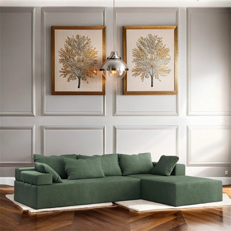 Upholstered Boneless L-Shaped Sectional, Green Chenille