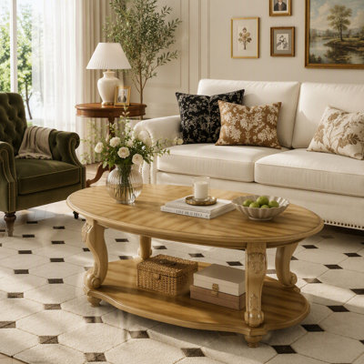 Oval Wood Coffee Table with 2-Tier Open Shelf, Durable and Stylish for Living Room