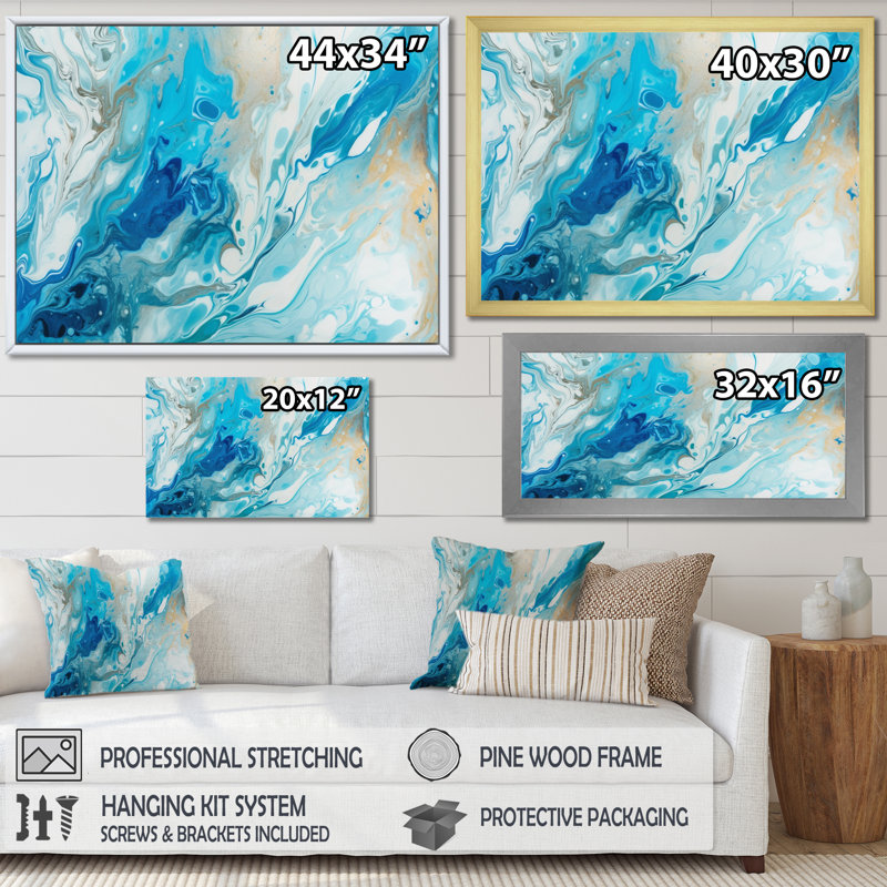 Bleu et blanc embrassant l'inconnu I - reproduction sur toile, 16" H x 32" W, Cadre flottant noir
