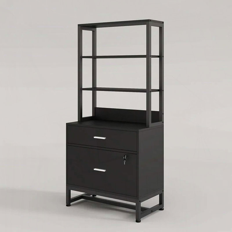 Classeur polyvalent avec tiroirs verrouillables et bibliothèque ouverte, Noir
