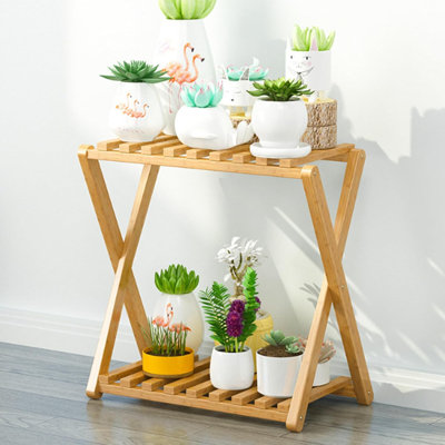 Bamboo Cross Plant Stand – 2-Tier Foldable Flower Pot Rack for Indoor & Outdoor Use