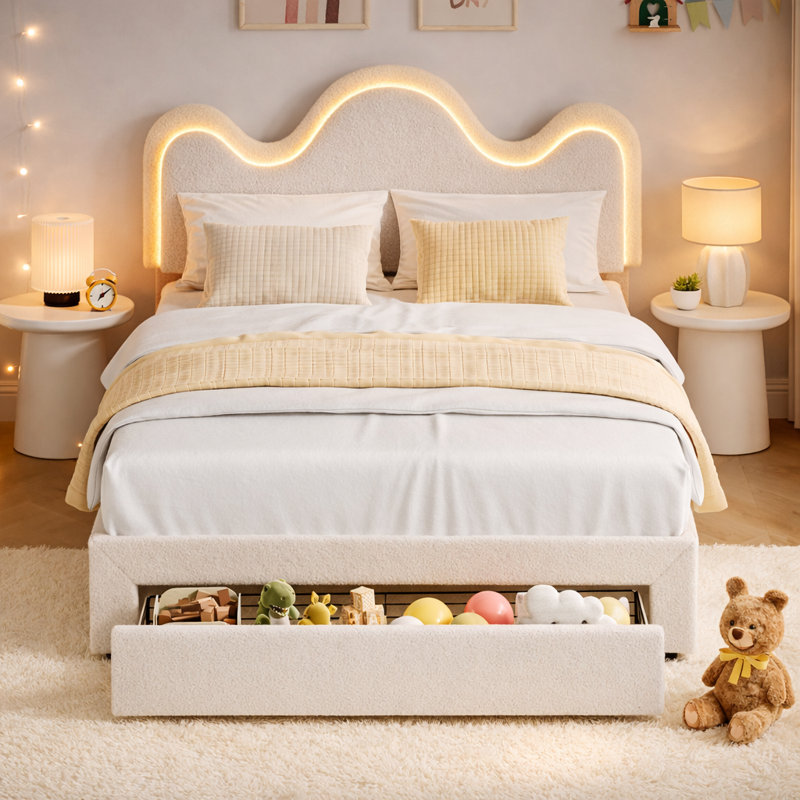 Queen Size RGB LED Light Upholstered Platform Bed Frame with App/Remote Control, Adjustable Headboard & Under-Bed Storage Drawer, Wooden Slats, Noise-Free, No Box Spring Needed, Easy Assembly - White
