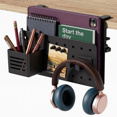 Adjustable Desk Side Storage Organizer, Black Carbon Steel Clamp-On Desktop Holder for Laptops, Tablets, Notebooks and Office Supplies, Fits Flat-Edge Desks 0.4"–2.2" Thick