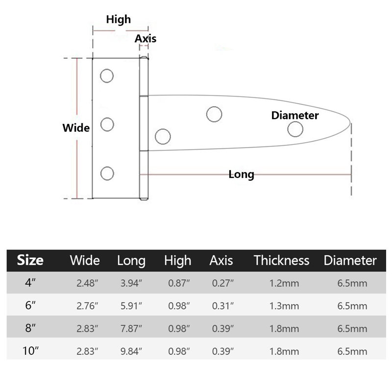 Plg Paquet de 6 charnières robustes à sangle en T de 4 po, H 4 po x l 2,5 po x P 0,19 po