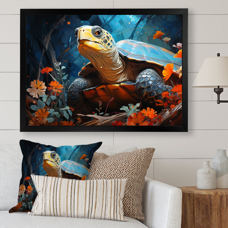 «Turtles Journey», collage floral sur toile, H 16 po x l 32 po x P 1 po, Cadre simple noir