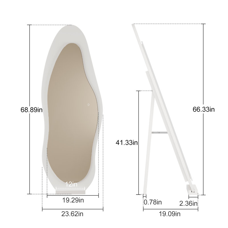 Wavy LED Full-Length Mirror, Solid Wood Frame, Shatterproof, Floor & Wall Mount, White