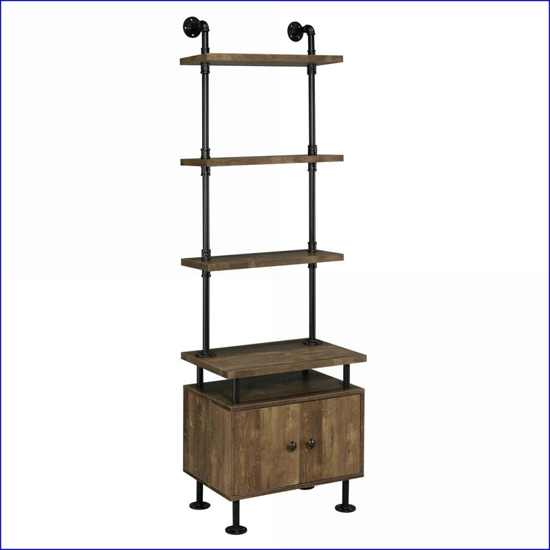 TV Stand Side Pier, Rustic Oak &amp; Black | 3-Tier Shelves + 2-Door Storage | Wood+Metal
