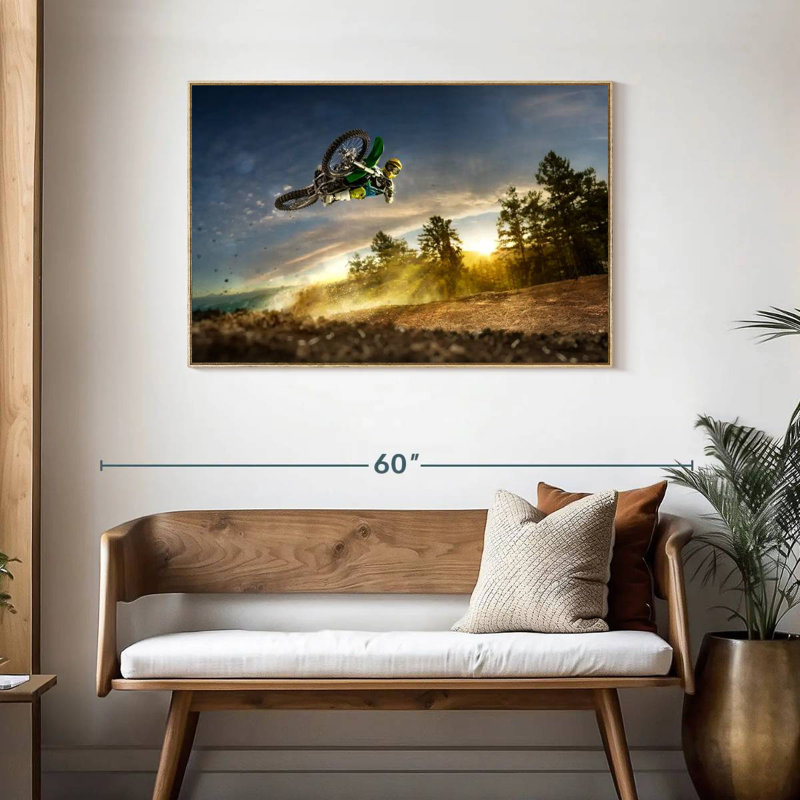 Dirt Bike Rider Stunt, Cadre flottant en bois naturel, 43 po x 29 po