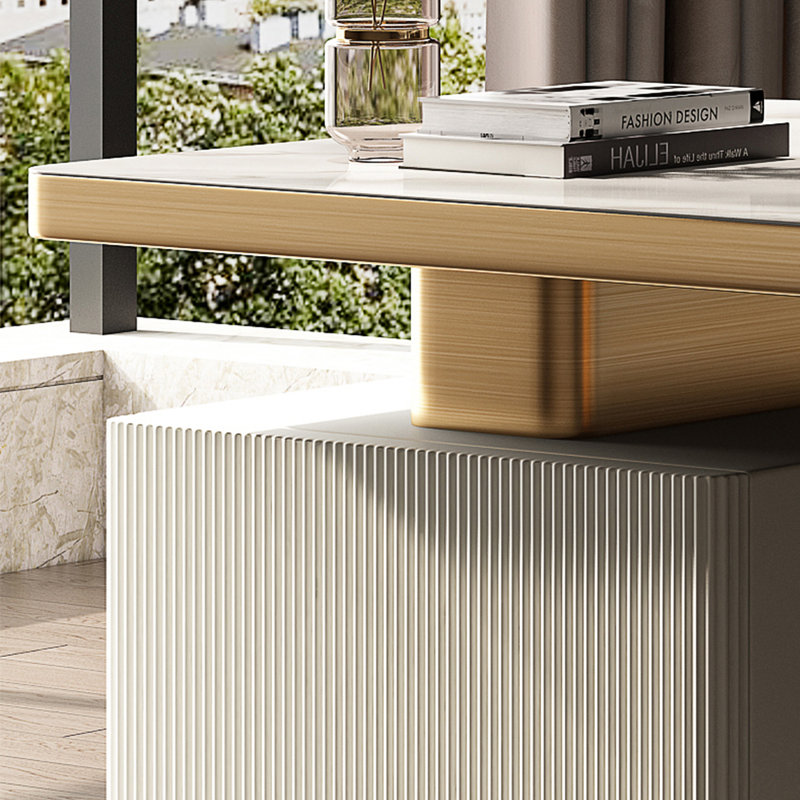 Bureau en pierre frittée légère et luxueuse, H 29,92 po x l 70,87 po x P 27,56 po, Doré / Blanc