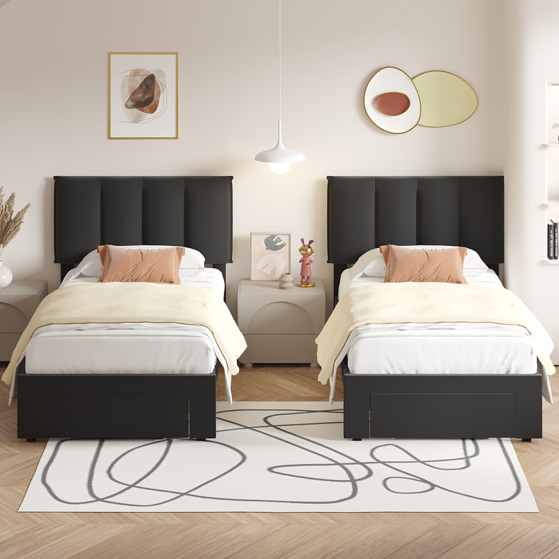 Set Of 2 Storgae Beds Twin Size Velvet Upholstered Platform Bed Frame With Adjustable Headboard, Storage Drawers For Bedroom Small Room