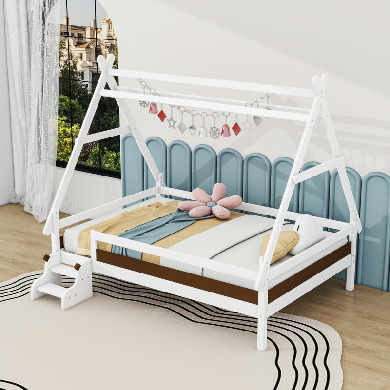 Lit plateforme en bois avec escalier, Double, Blanc