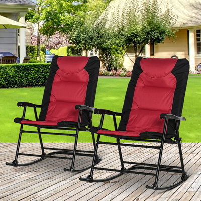 Outsunny 2 Piece Outdoor Patio Furniture Set With 2 Folding Padded Rocking Chairs, Bistro Style For Porch, Camping, Balcony, Red