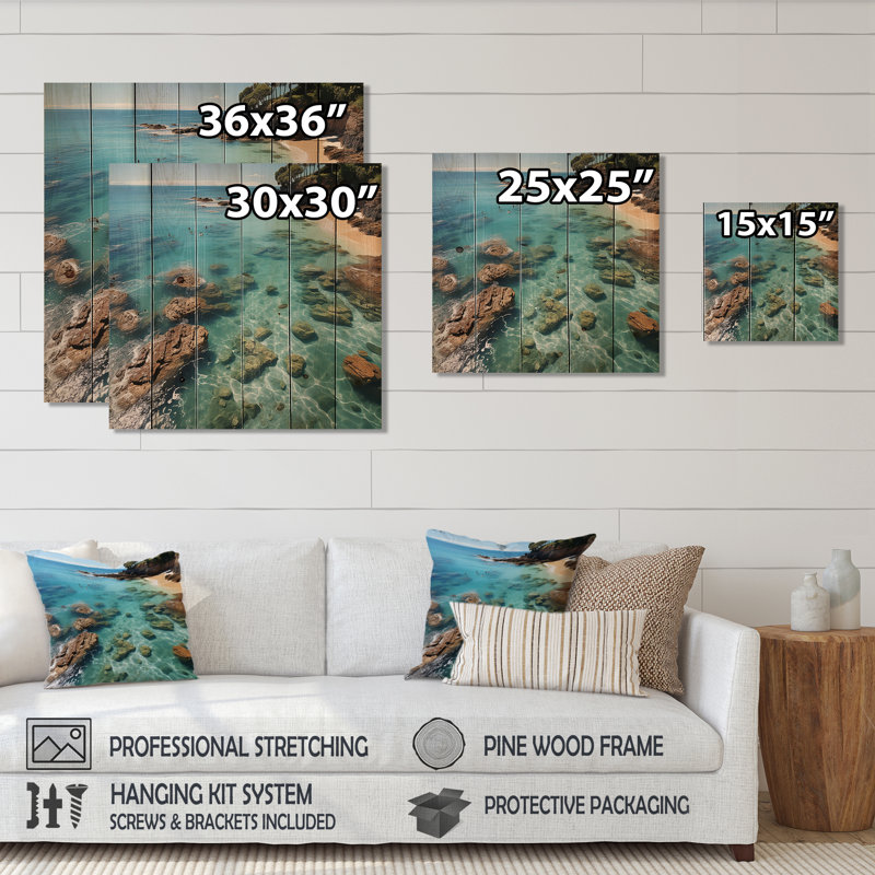 Vue aérienne de Blue Calm Beach - plage sur bois, H 30 po x l 30 po