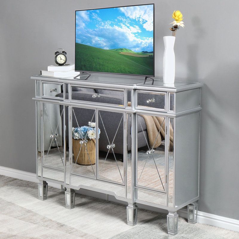 Console avec 3 tiroirs et 4 portes, porte en X en miroir MDF argenté