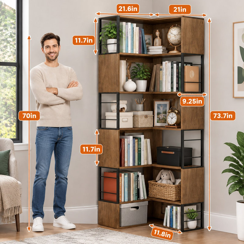 Cette bibliothèque d'angle brune en forme de L de 74 po possède 7 niveaux de tablettes en métal et en bois et un support anti-basculement, avec une capacité de 77 lb par tablette.