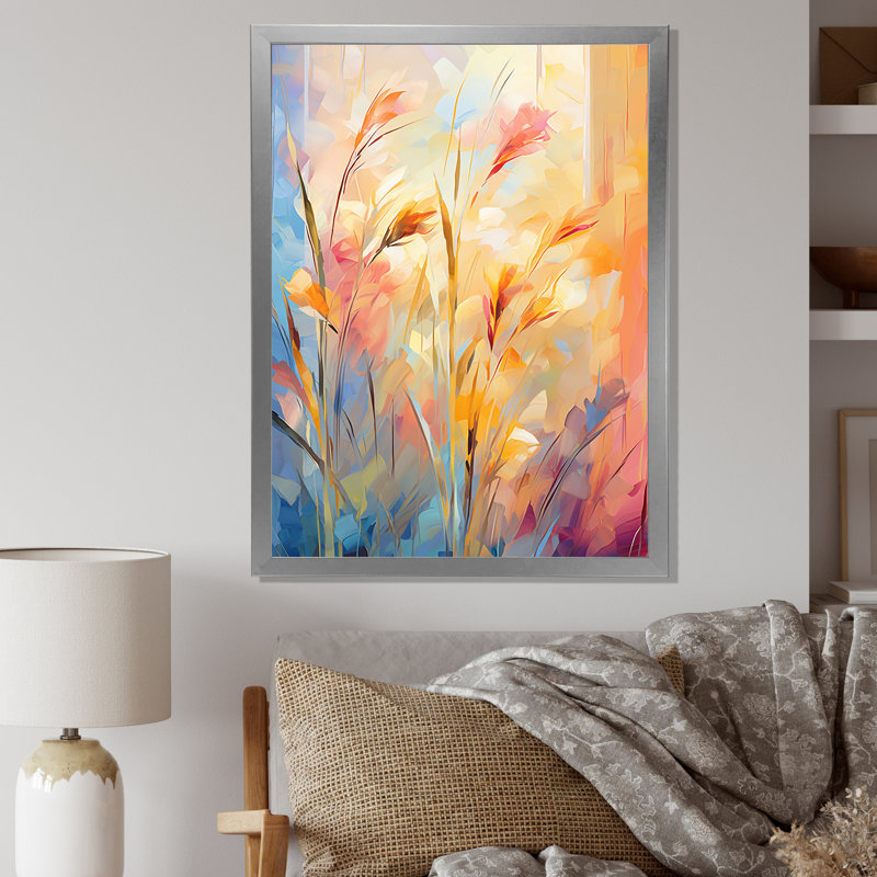 Jaune et rose Meadows Breeze II - prairie, art mural, H 32 po x l 24 po x P 1 po, Cadre simple argenté