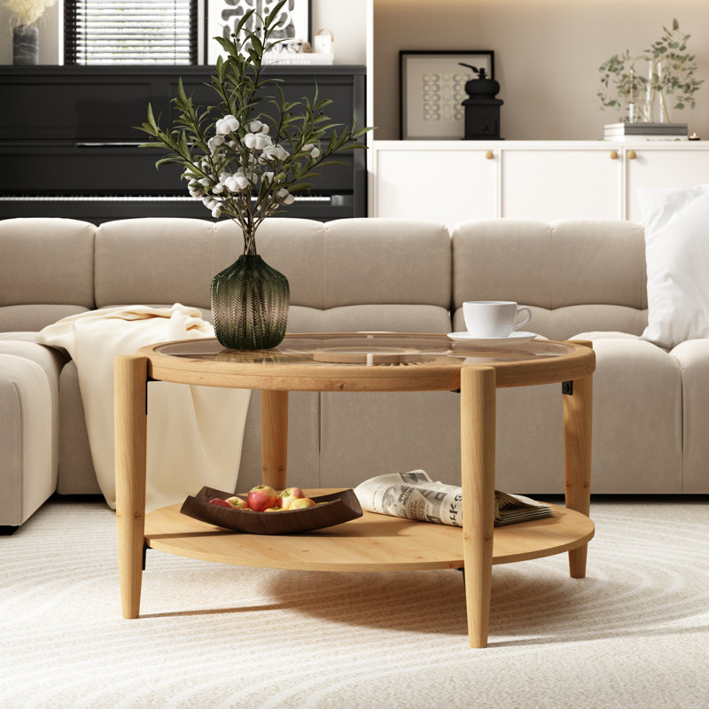 Cordoves 29'' Solid Wood Rattan Coffee Table with Glass Top