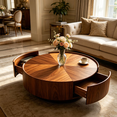39.3-Inch Coffee Tables, Circular Walnut Design, Suitable For Living Rooms, Walnut Material, Suitable For Bedrooms, Living Rooms, And Offices