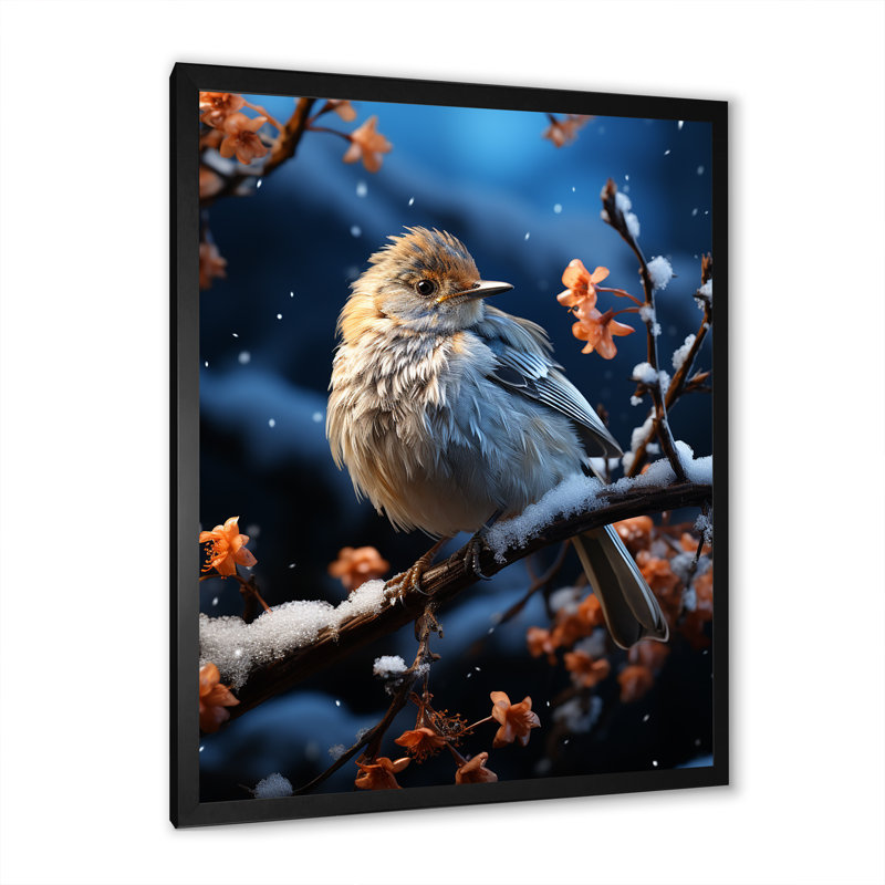 «Winter Bird Serenity I», art mural oiseau, Cadre simple noir, H 32 po x l 24 po x P 1 po