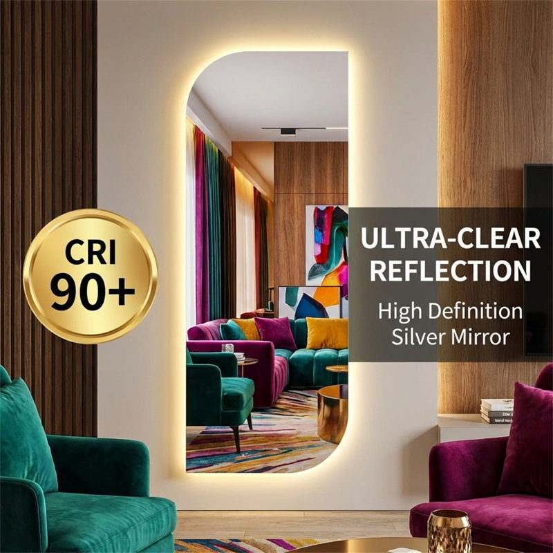 65" x 21" LED Full Length Wall Mirror, Irregular Shape Design, 3-Color Dimmable Lighting, 0.2in Copper-Free Silver Glass, Motion Sensor Auto-Off, Memory Function, Hardwired or Plug-in