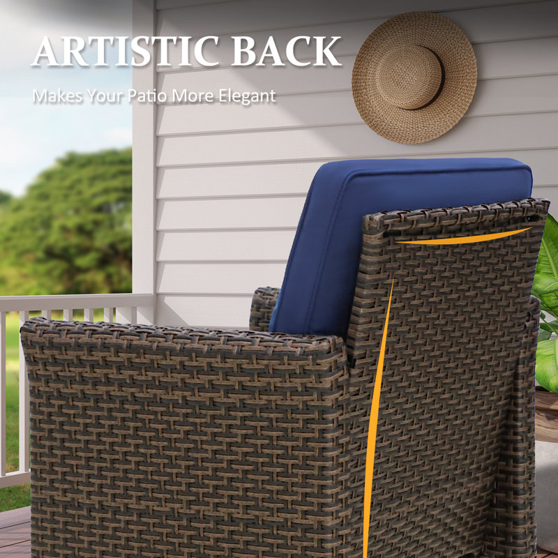 Blue Cushioned 3-Piece Black Steel Wicker Patio Set