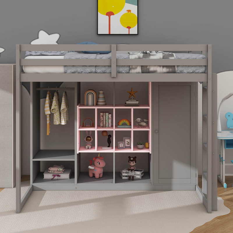 Lit mezzanine simple en bois avec armoire intégrée, tablettes et escalier, Gris / Rose
