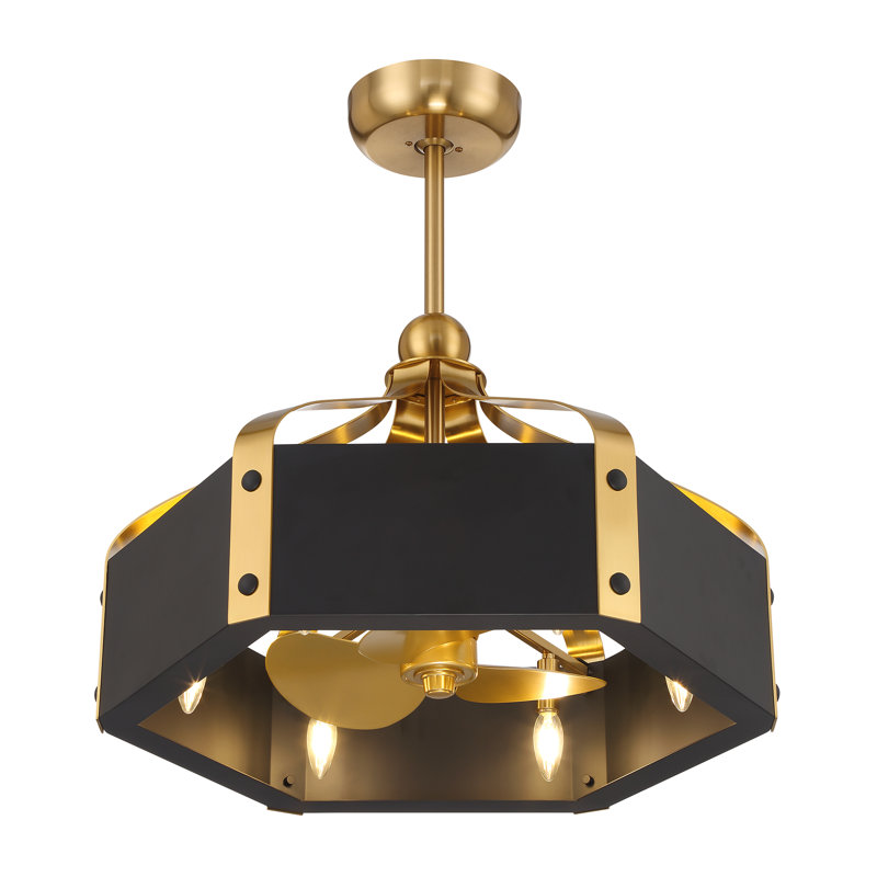 Kenmore 26" 6-Light Fandelier in Black with Warm Brass Accents with Remote Control, Black