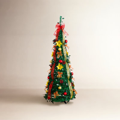 5Ft. Pre-Lit Artificial Pop Up Christmas Tree With Red & Gold Ornaments, Ribbons And 100 Warm White LED Lights