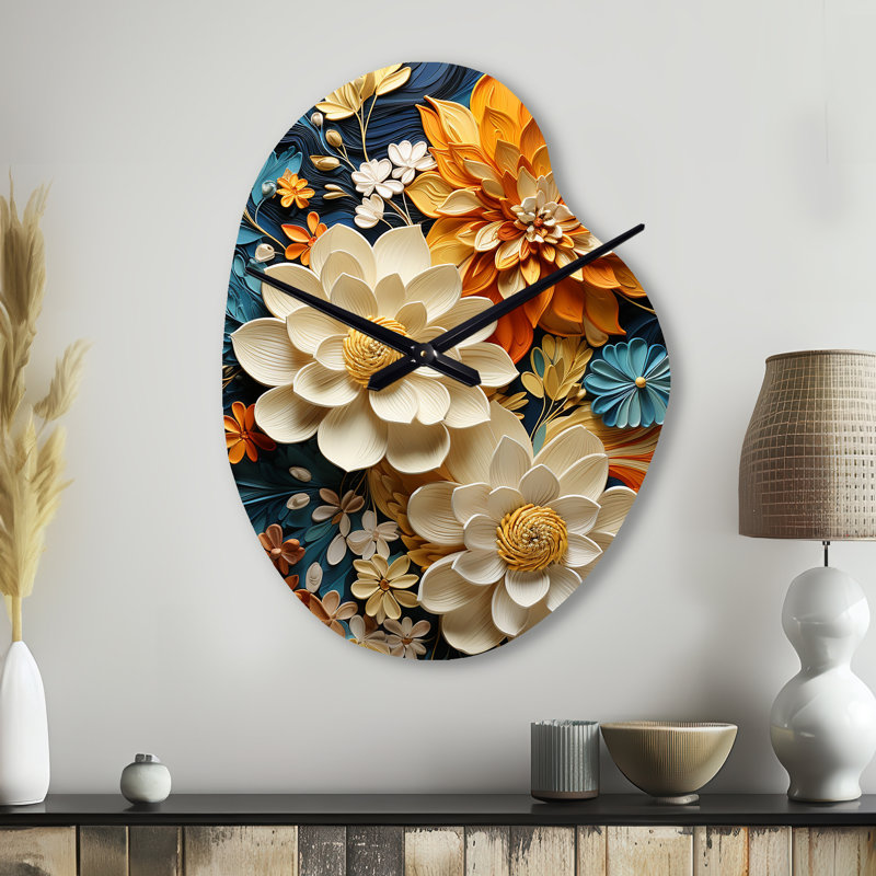 Horloge orange, bleu sarcelle, tourbillon botanique II - Botanicals, horloge asymétrique, Petit