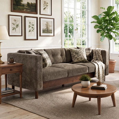 78" Modern 3 Seater Sofa Chenille Upholstered Couch with Square Arms, Tufted Pillow Back & Walnut Rubber Wood Legs Multi Cushion Sofa for Living Room and Apartment Leisure Corner