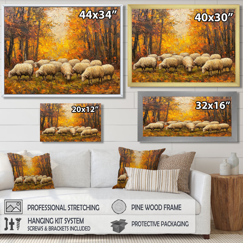 Durasoff, automne, pâture de famille de moutons - décoration murale, H 34 po x l 44 po, Toile tendue, Ne s’applique pas