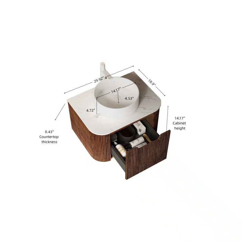 Meuble-lavabo rond en céramique 30 po, Noyer foncé, L 30 po, Blanc