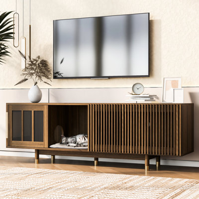 Walnut Mid-Century Modern Entertainment Stand With Sliding Door, Flip-Down Option, Pet- Cat Sleek Comfort Zone And Piece Style Tv & Doors, Contemporary Cozy Place Center