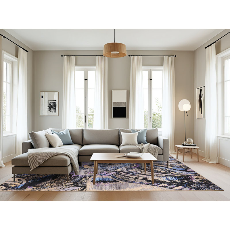 Tapis noir / beige / bleu Hannasville, Rectangle 8 pi x 10 pi