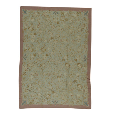 Hand-Knotted High-Quality Green and Rose Area Rug