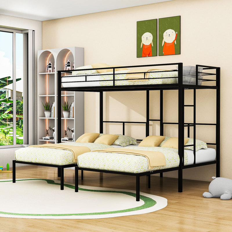Twin Over Twin And Twin Metal L-Shaped Triple Bunk Bed With Built-In Side Table And Ladder