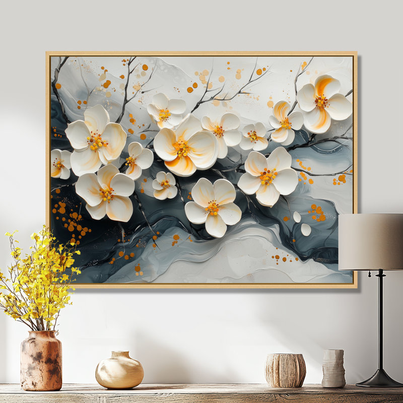 Velours noir fleurs de cerisier II - art mural fleur de cerisier, H 12 po x l 20 po, Cadre flottant, Crème, crème