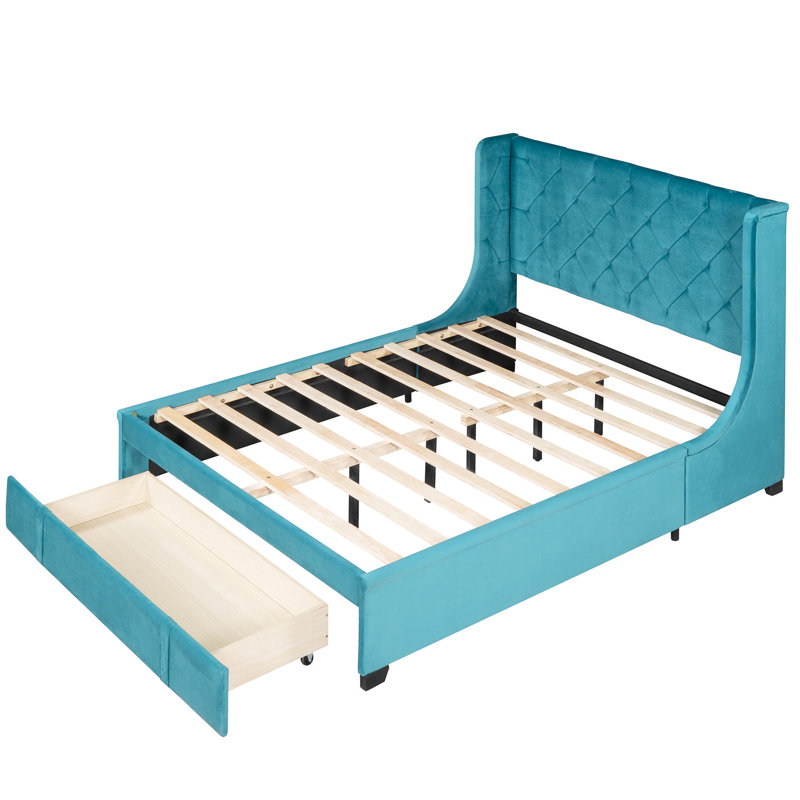 Lit plateforme tapissier grand en velours bleu avec tête de lit à oreilles relaxante - couleur unie et construction